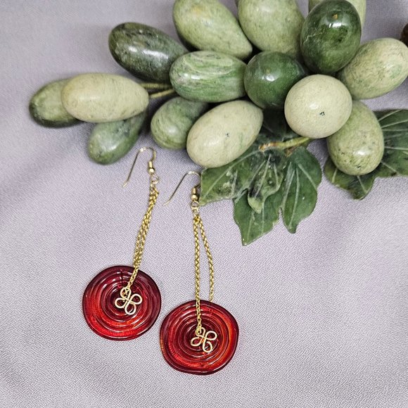 NWOT Red Pressed Glass Earrings, Handmade w/14k Gold Filled Chain - 3 3/4" - Picture 3 of 11